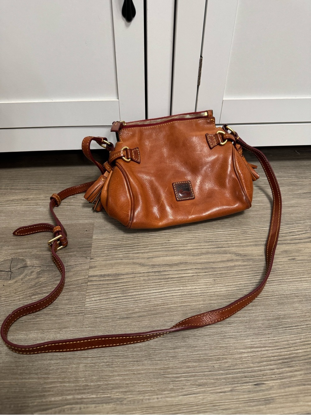 Dooney & Bourke Vintage Womens Crossbody Mini Brown Leather Tassel Zip